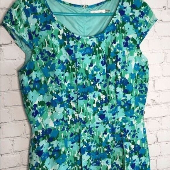Calvin Klein Sleeveless Knee Length Ditsy Shift Dress Women Size 8 Green/Blue - Picture 4 of 9